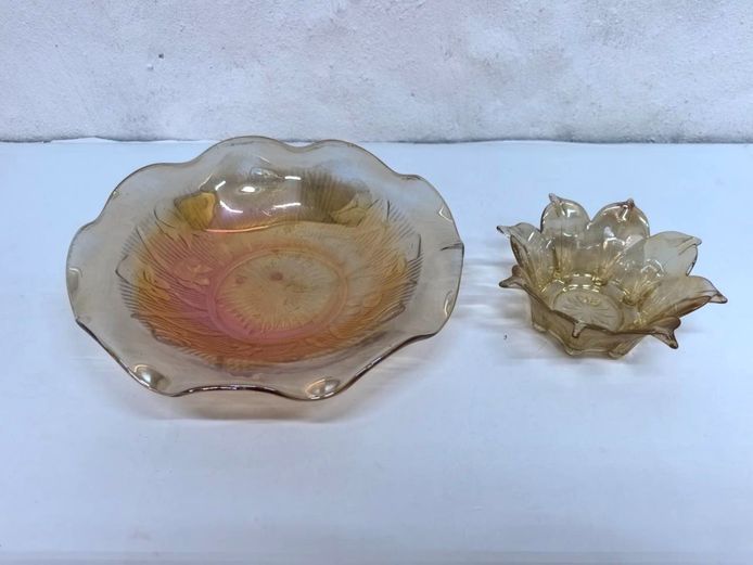 Marigold Carnival Glass Ruffled Bowl & Lotus Dish Set