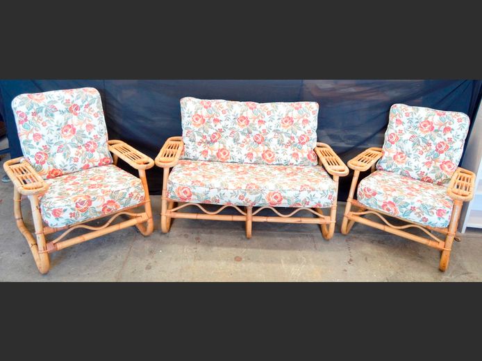 CANE 3-PIECE, 4-SEATER LOUNGE SUITE WITH CUSHIONS