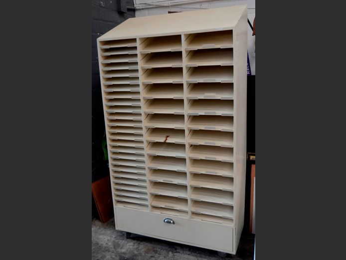 CREAM PAINTED SINGLE DRAWER LETTER SORTER, 100 x 50 x 185cm