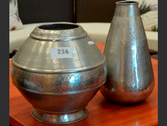 LOT OF 2: ALUMINIUM ENGRAVED VASES, 38cm & 32cm High