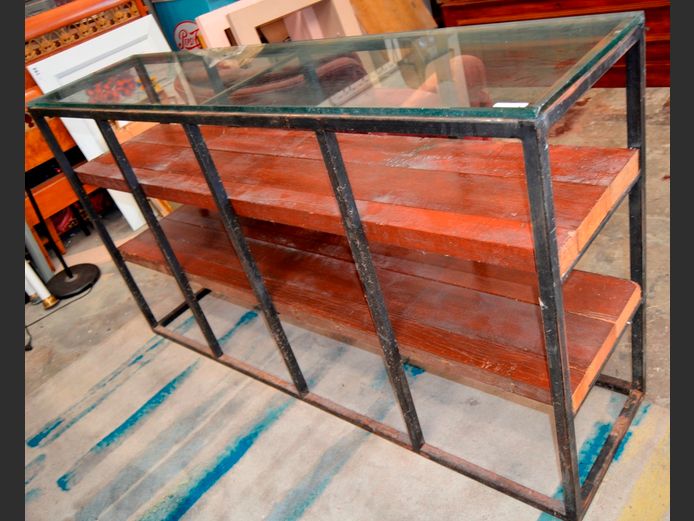 METAL, WOOD & GLASS SHELF, 160 x 40 x 90cm