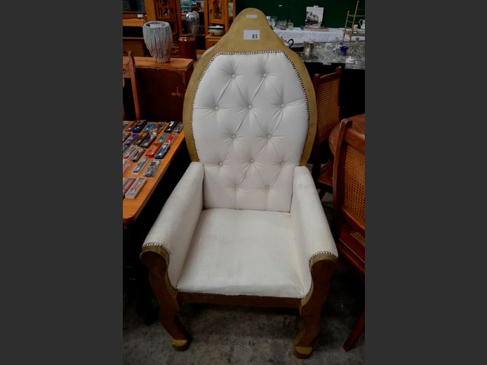 PAIR GILT & WHITE LEATHER TOUCH BUTTON BACK ARMCHAIRS