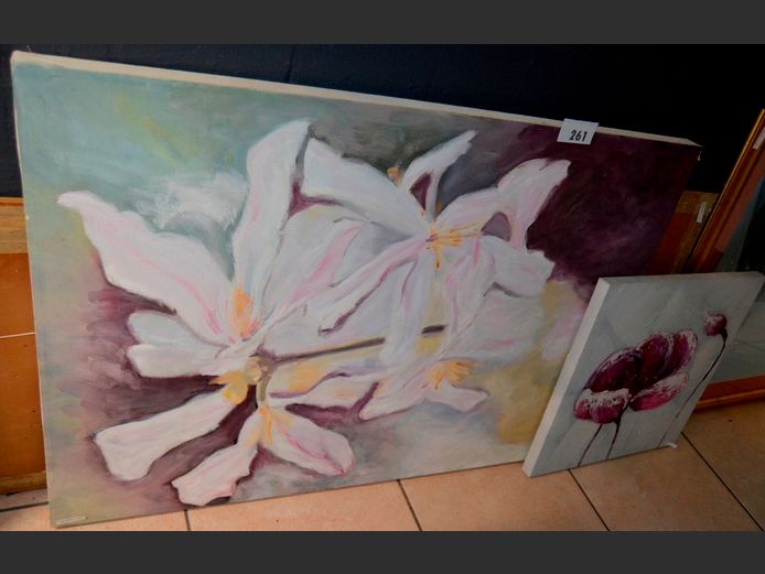 LOT OF 2: UNFRAMED OILS ON CANVAS "FLOWERS", 110 x 75cm & 50 x 50cm