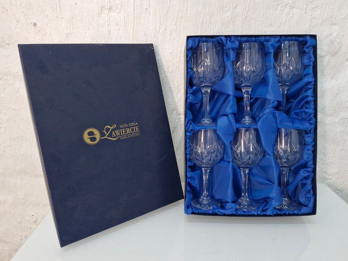 Set of 6 Vintage Polish Zawiercie Crystal Wine Glasses