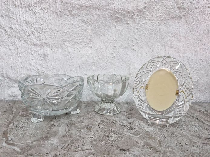 Retro Crystal-Style Glassware - Footed Dessert Bowl, Scalloped Pedestal Dish, and Glass Picture Frame