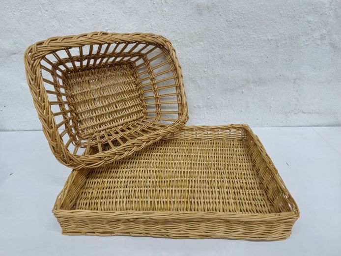 Pair of Vintage Handwoven Wicker Tray Baskets