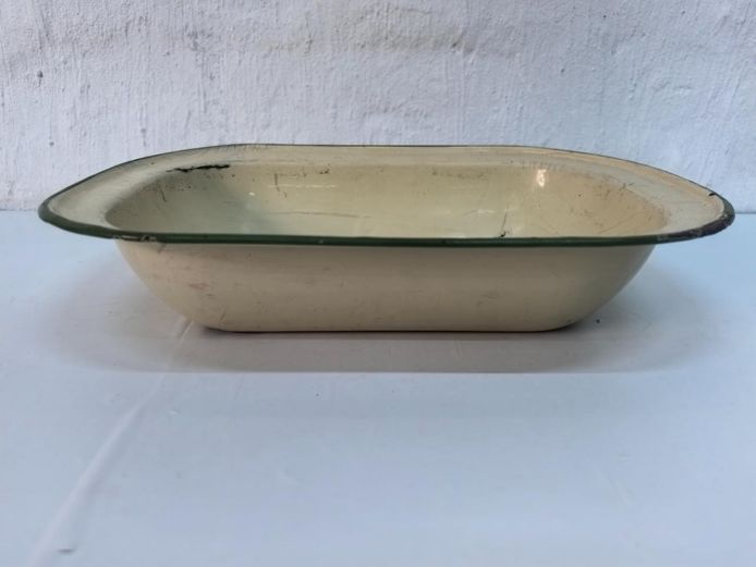 Mid-Century Cream Enamelware Utility Dish with Green Trim