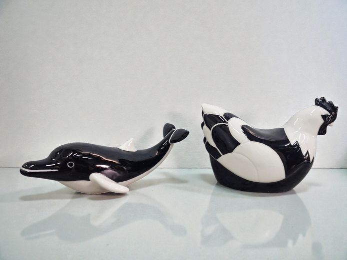Vintage Black & White Ceramic Hen and Dolphin Figurines