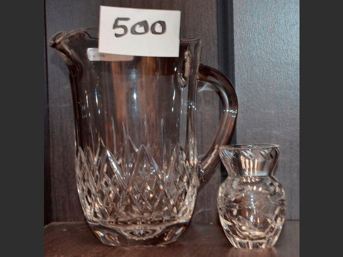 CRYSTAL JUG,18.5cm high,  & CRYSTAL BUD VASE, 8cm High