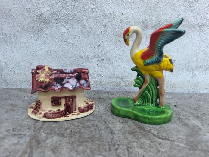 Hand-Painted Ceramic Cottage and Exotic Bird Ornaments