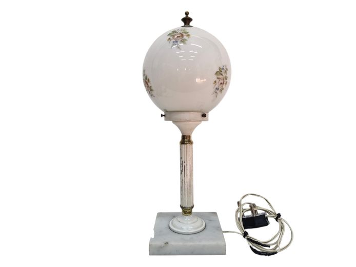 Vintage Floral Opaque Glass Table Lamp on Marble Base
