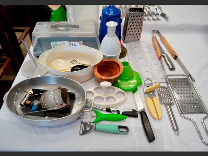 BACCARAT CHOPPER, ENAMEL COFFEE POT, GRATERS, KNIVES, etc