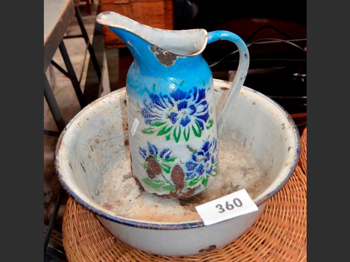 VINTAGE ENAMEL WASH BASIN, 40cm Diameter x 14cm High, & JUG, 34cm High [Rusty]