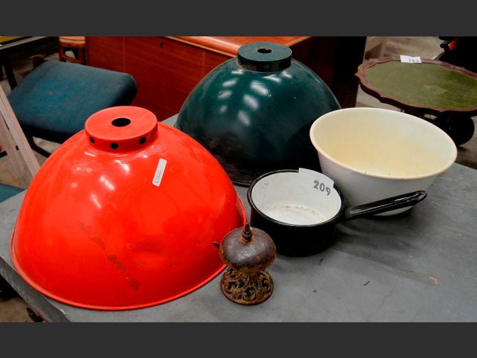 ANTIQUE CAST IRON SERVICE BELL, ENAMEL SAUCEPAN, ENAMEL POPCORN BOWL, etc