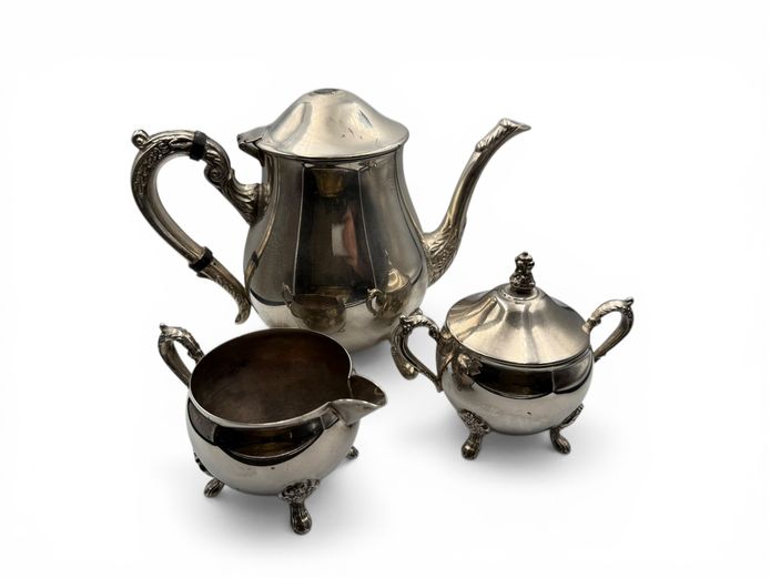 Vintage Silver-Plated 3-Piece Tea Set (Teapot, Sugar Bowl & Creamer)