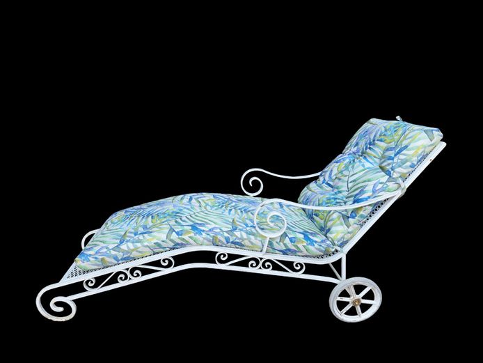 Vintage Mid-Century Wrought Iron Wheeled Sun Lounger