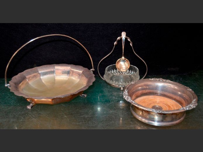 SILVER PLATE JAM SERVER WITH CUT GLASS BOWL & SPOON, SILVER PLATE WINE COASTER & BONBON DISH ON CLAW FEET