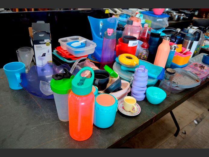 ASSORTED PLASTIC STORAGE CONTAINERS, WATER BOTTLES, etc