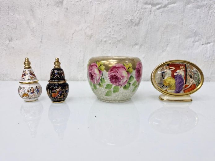 Vintage European Porcelain Vanity Set, Featuring 1900 Austrian Amphora Rose Bowl