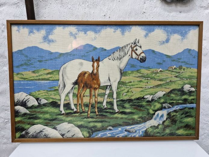 Retro 1960s Irish Linen Tea Towel Stretched Wall Art - Horse & Foal Scene
