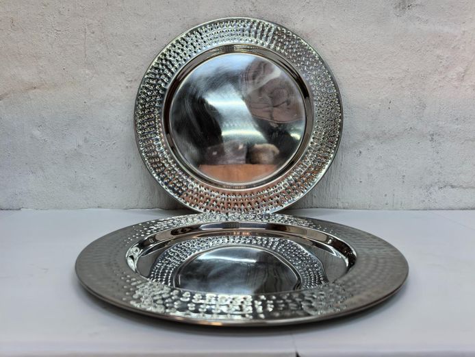 Set of 2 Polished Stainless Steel Hammered Rim Charger Trays