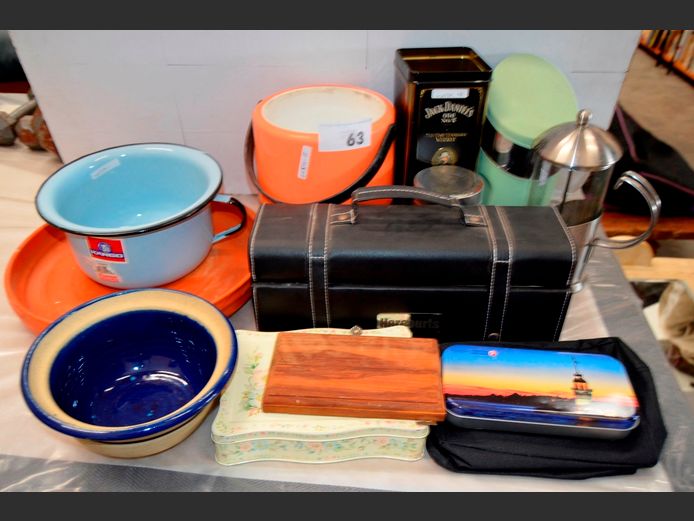 LEATHER TOUCH WINE BOTTLE HOLDER, ICE BUCKET, ENAMEL CHAMBER POT, FRENCH PRESS, etc