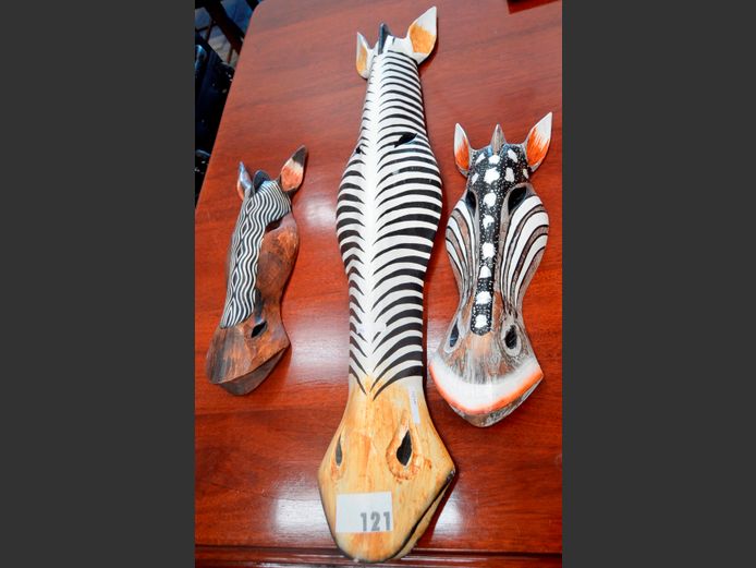 SET OF 3 WOODEN ZEBRA WALL MOUNT ARTWORKS, 100cm, 50cm & 47cm High
