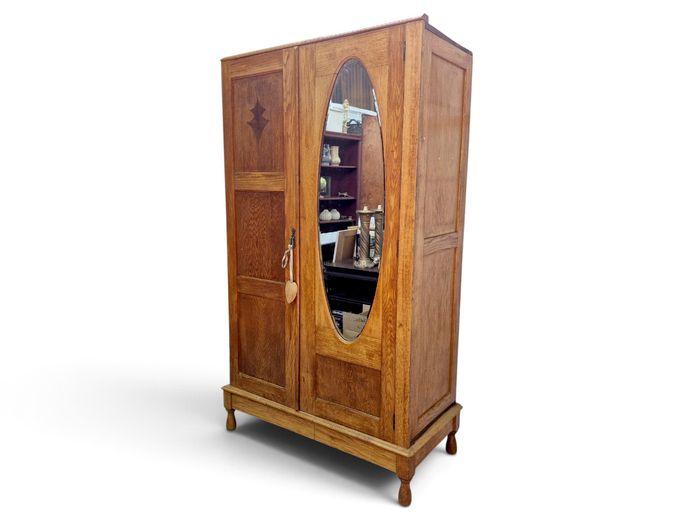 Early 20th-Century Oak Two-Door Wardrobe with Bevelled Oval Mirror