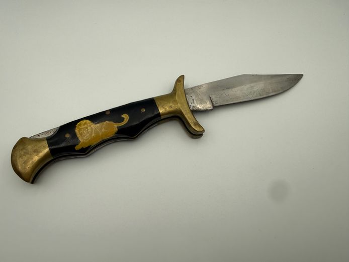 Tiger hunting knife with a lion design on the handle with brass detailing