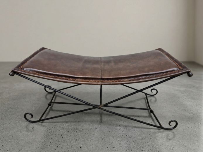 Contemporary Wrought Iron and Leather Curled-Top Bench