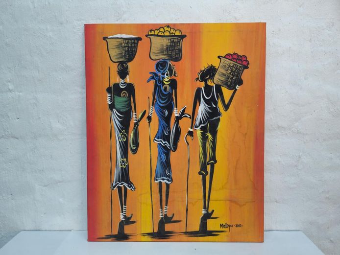 Original Signed African Market Figures Acrylic Painting by Mateyu (2010)