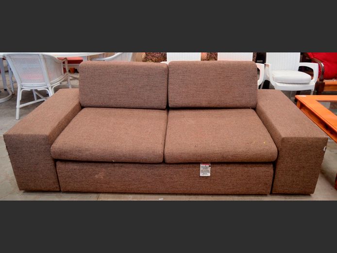 BROWN UPHOLSTERED 2-SEATER SLEEPER COUCH, 220 x 95cm [Cat scratches, worn in places]