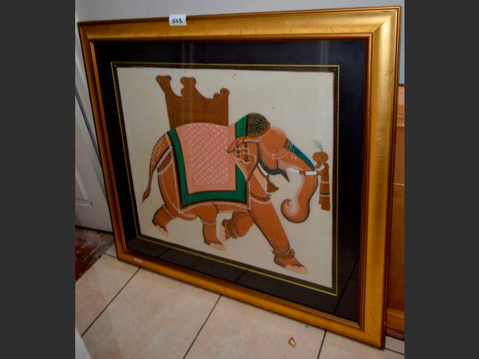 GILT FRAMED PAINTING ON FABRIC "ELEPHANT", 85 x 75cm