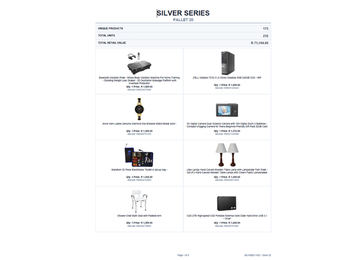 SILVER PALLET OF STOCK (NOT TESTED) TOTAL RETAIL VALUE: R  71,194.00 STC