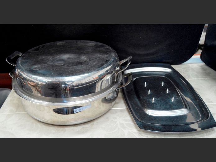 STAINLESS STEEL DOUBLE ROASTER, 33cm Diameter, & A METAL PLANTER