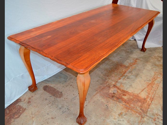 IMBUIA BALL & CLAW DINING TABLE WITH 8 MATCHING CHAIRS, 230 x 96 x 77cm [In need of some restoration]
