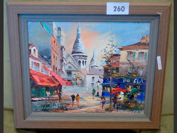 FRAMED OIL ON CANVAS "STREET SCENE", 40 x 32cm