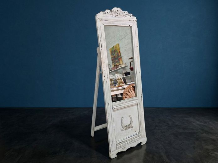 Vintage French Country Style Distressed White Standing Cheval Mirror