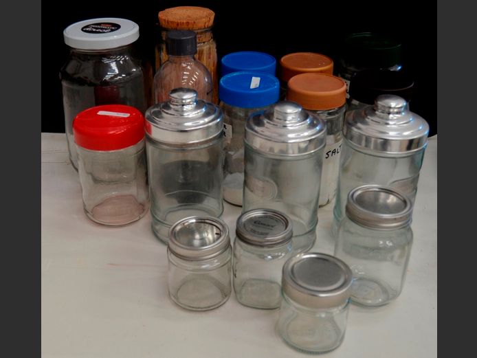 STORAGE CANISTERS WITH LIDS, CONSOL JARS WITH LIDS, etc