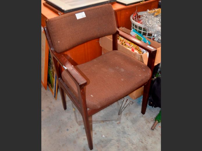 IMBUIA & BROWN UPHOLSTERED ARMCHAIR [Needs a clean]