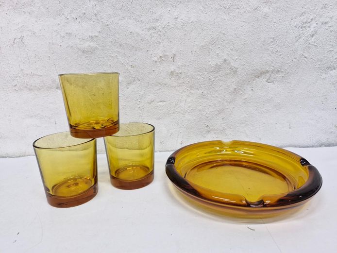 Mid-Century Modern Amber Glass Drinking Tumblers & Ashtray Set