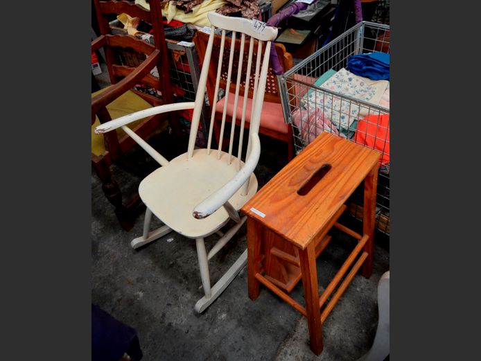 CREAM PAINTED SPINDLE BACK ROCKING ARMCHAIR & A PINE KITCHEN AIDE [10,11]