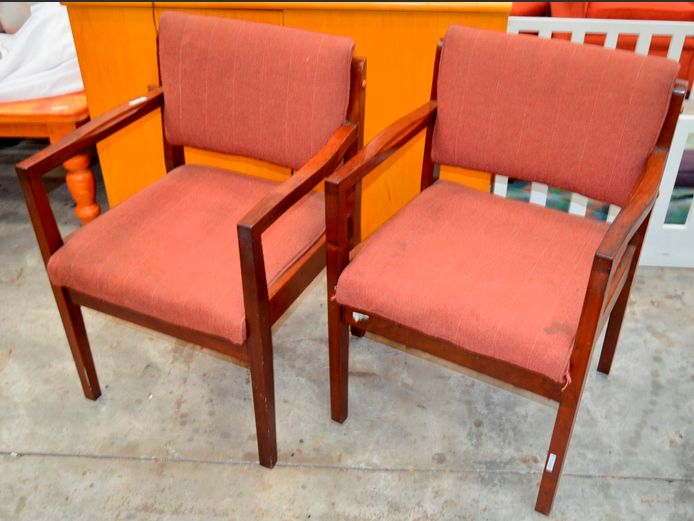 PAIR TEAK VISITOR'S ARMCHAIRS WITH PINK UPHOLSTERY [Need a good clean]