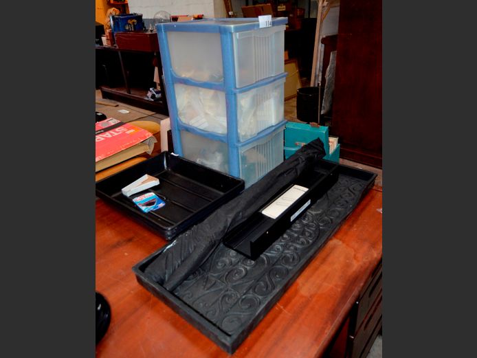 PLASTIC 3-DRAWER SPACE SAVER, 40 x 33 x 63cm, WITH CONTENTS, DRIP TRAYS, etc