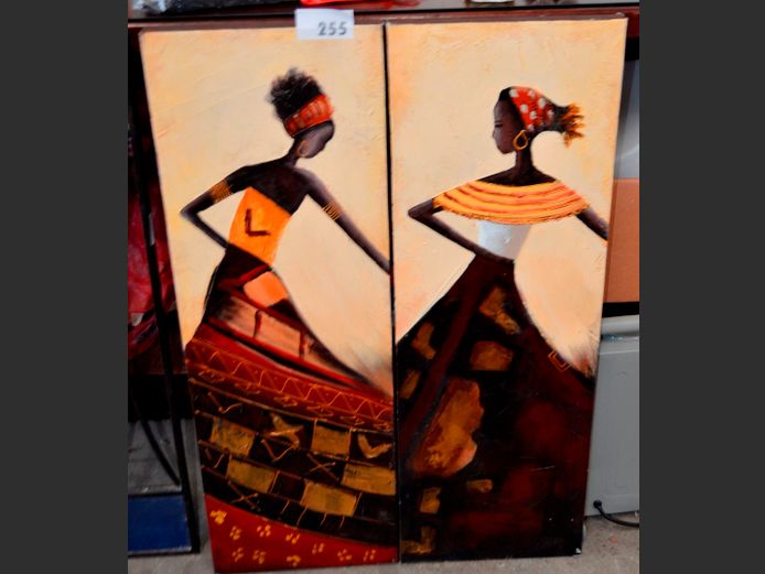 PAIR UNFRAMED OILS ON CANVAS "AFRICAN LADIES", 90 x 30cm