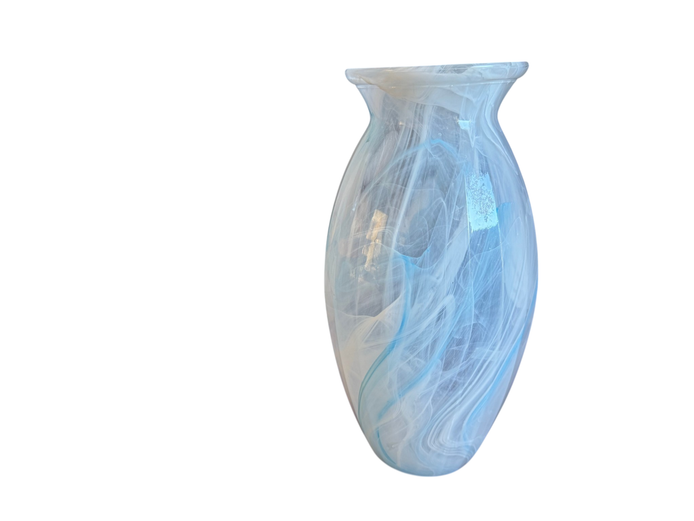 Hand-Blown Blue & White Swirl Art Glass Vase
