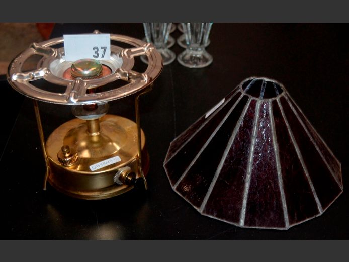 PRI-MUS VINTAGE STOVE & A RED LEAD GLASS LAMP SHADE