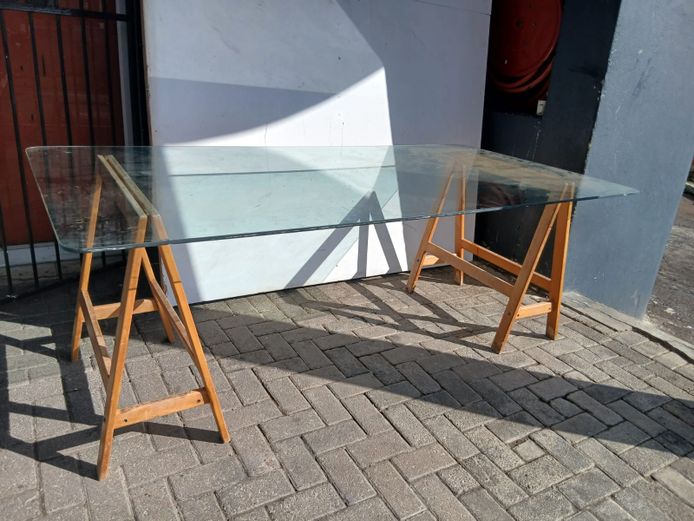 Trestle table with glass top