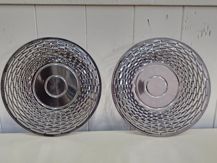 Pair of Vintage Pierced Stainless Steel Basketweave Bowls