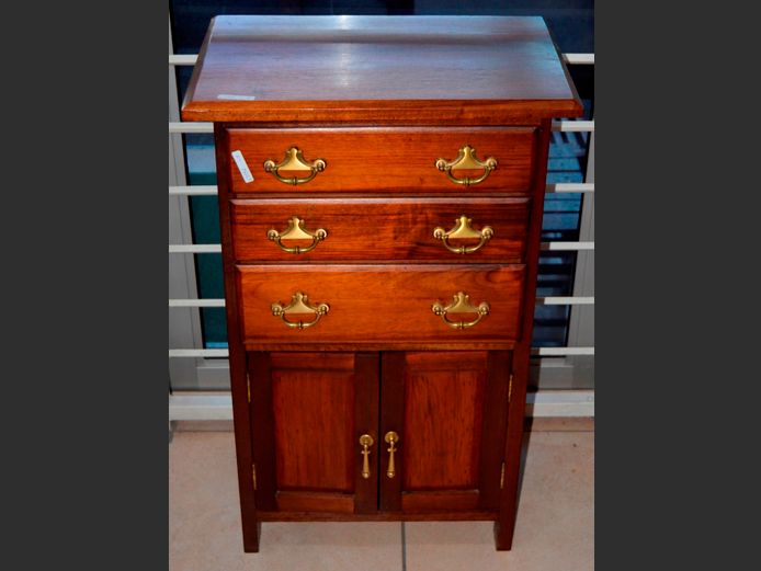 IMBUIA 3-DRAWER, 2-DOOR CUTLERY CABINET WITH BRASS HANDLES, 49.5 x 32.5 x 79cm